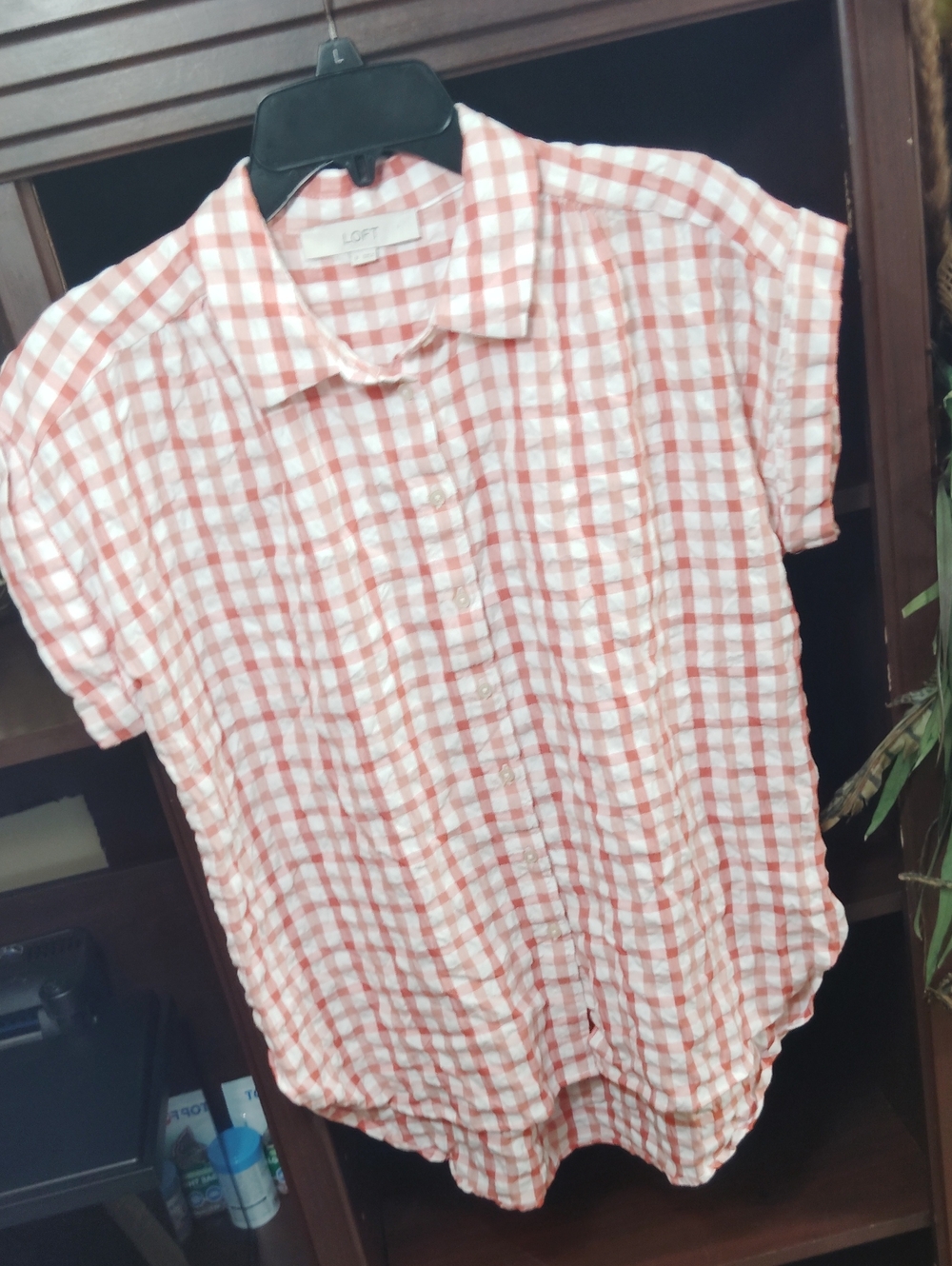 LOFT Red and White Gingham Button-Down Shirt